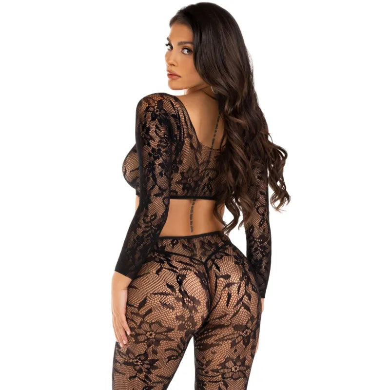 Ensemble lingerie dentelle Chantilly noir, crop top manches longues, collants sans pieds, élégant et sensuel.