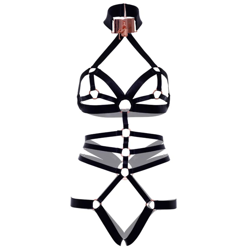 harnais élastique satin poudré rose passion bretelles réglables serrure fantaisie doré col ajustable taille unique sensualité élégance luxe confort