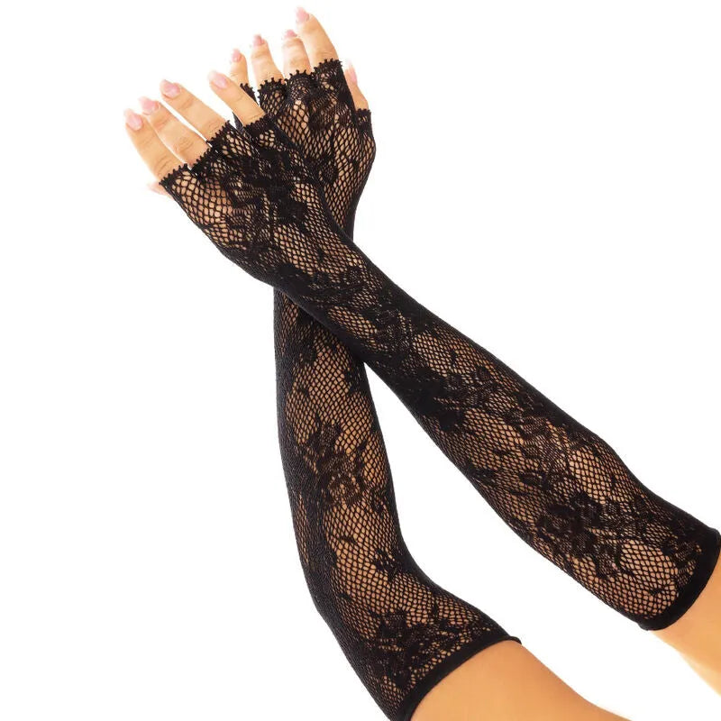 gants sans doigts résille florale noir blanc opéra élégants soirée gala sanscouture longs nylon elasthanne tailleunique glamour sophistiqués
