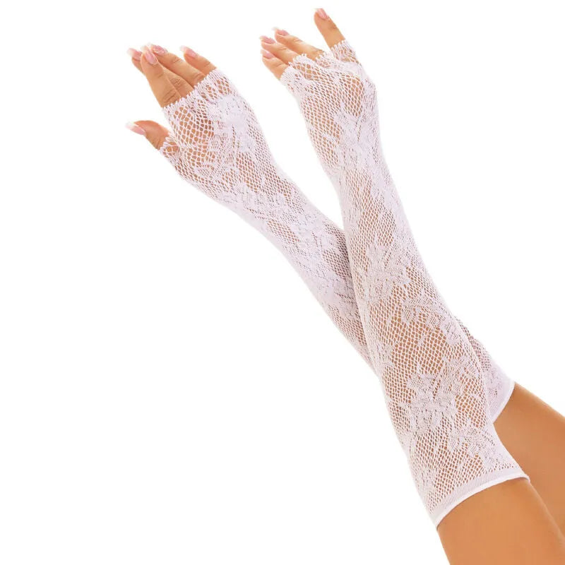 gants sans doigts résille florale élégants noirs blancs longueur opéra nylon élasthanne taille unique léger extensible sophistiqué festif gala mariage