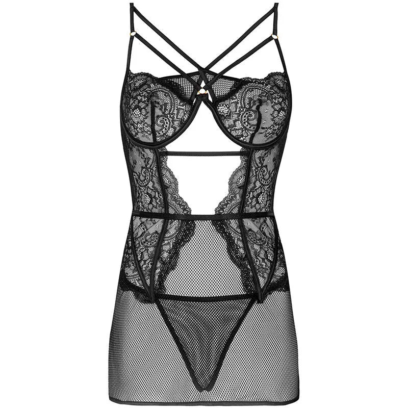 Ensemble lingerie noir dentelle maille Livco Corsetti, découpes sensuelles, rayures élégantes, string et chemise raffinés.