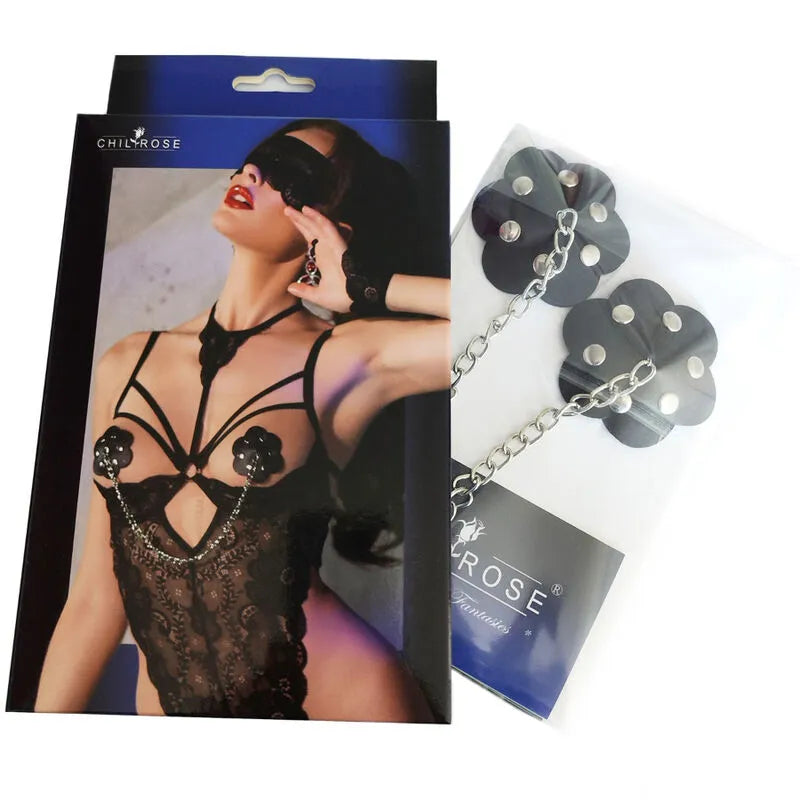Cache-tétons noirs en simili cuir avec chaîne argentée et rivets, élégants et réutilisables pour soirées glamour.