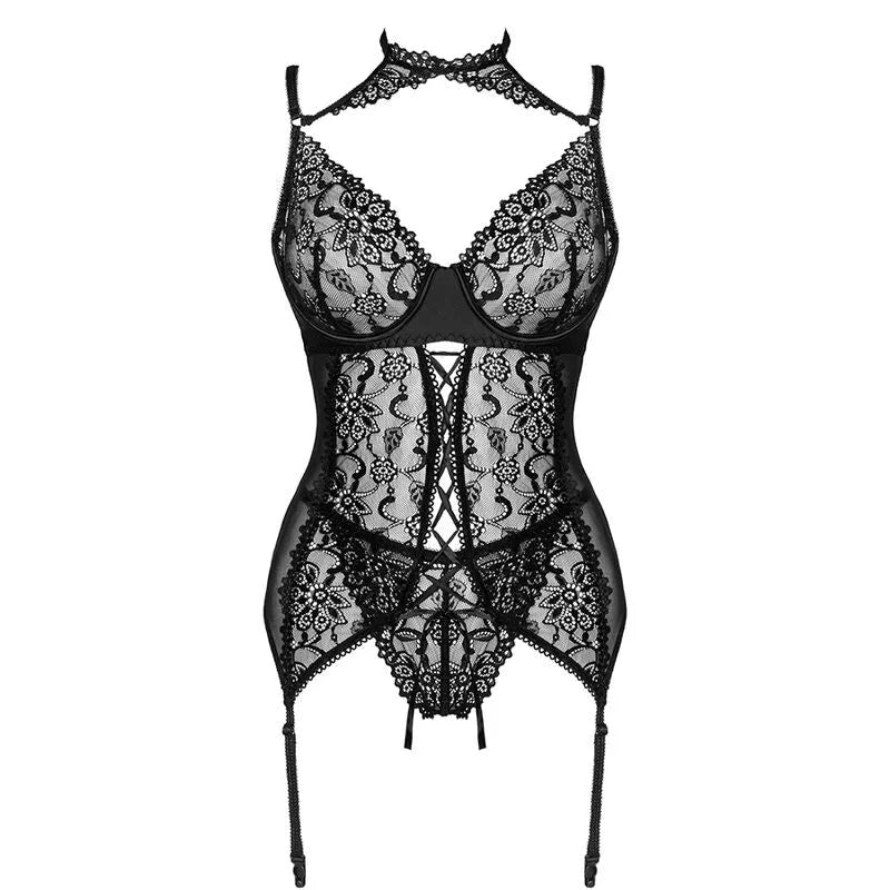 Corset noir ajustable en dentelle avec string, bretelles réglables, fermeture crochets, élégant et sophistiqué.