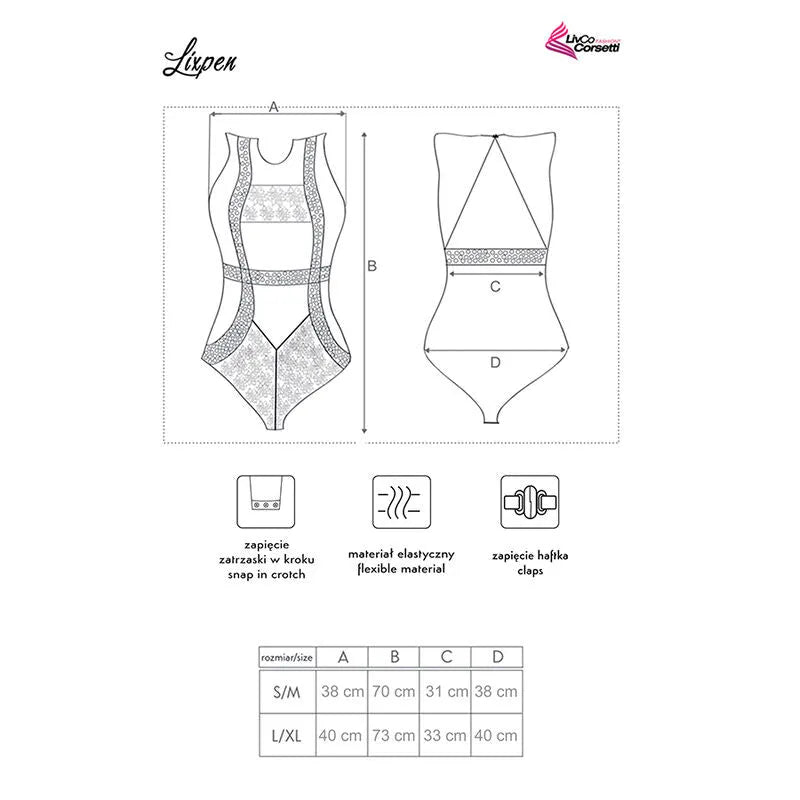 Livco Corsetti body noir transparent dentelle délicate ceintures cloutées sexy glamour ajustable extensible confortable tailleunique séduisant romantique