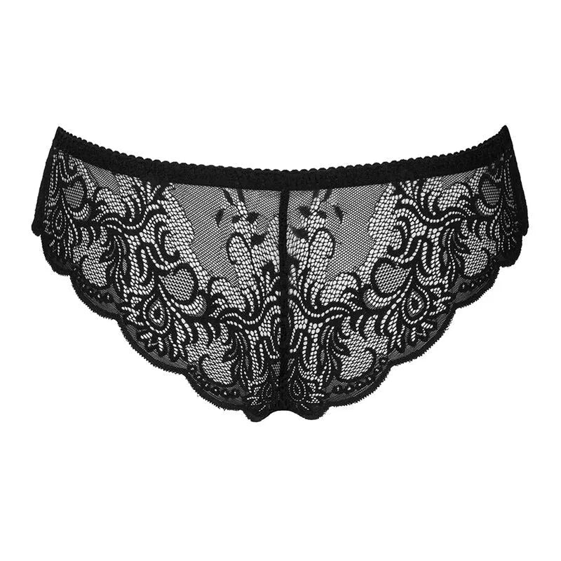 Culotte en dentelle noire sensuelle avec fente entrejambe, élégante et raffinée, idéale pour occasions spéciales.