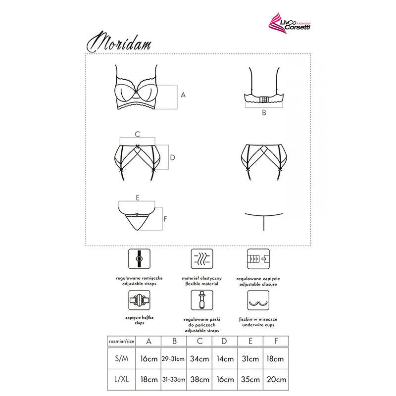 Ensemble lingerie noir dentelle LivcoCorsetti avec soutien-gorge, culotte et porte-jarretelles, élégant et sculptant.