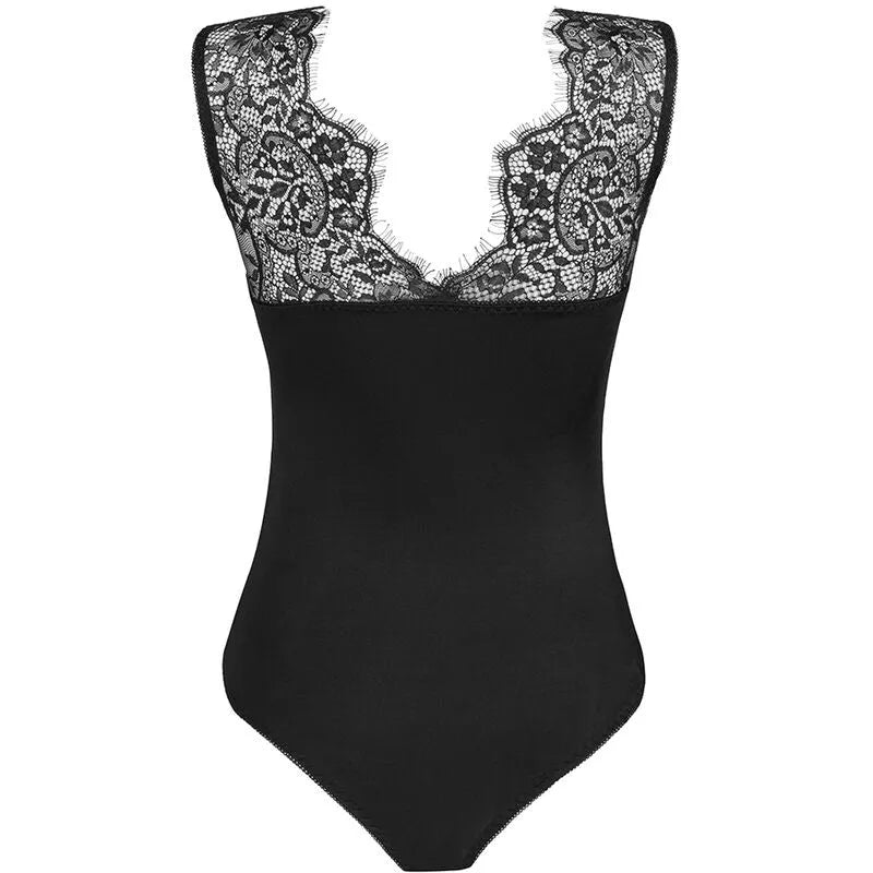 Body noir en dentelle sensuelle, élasthanne extensible, coupe flatteuse, idéal pour soirées romantiques et élégance quotid...