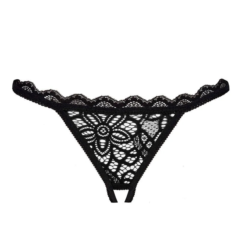 Culotte noire en dentelle élégante, taille basse, bretelles délicates, design sophistiqué et sensuel pour femmes modernes.