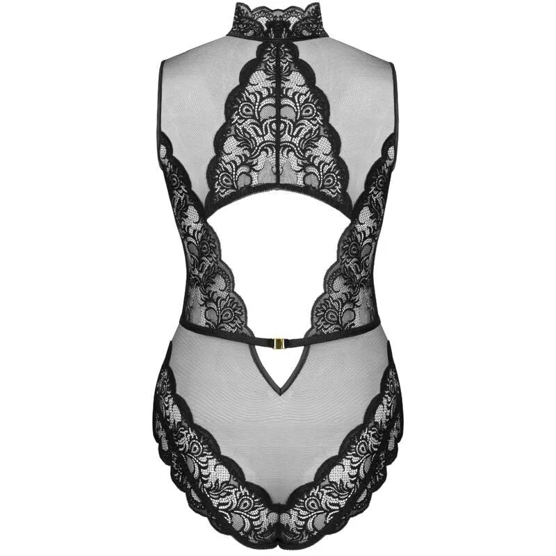 Body dentelle noire transparent Livco Corsetti Sagen, élégant, dos ouvert, motifs floraux, style raffiné et sensuel.