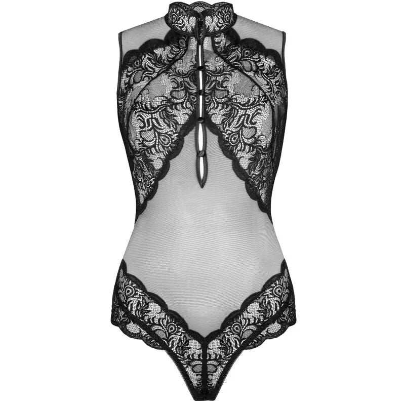 Body dentelle noire transparent Livco Corsetti Sagen, design élégant et sensuel, motifs floraux raffinés.