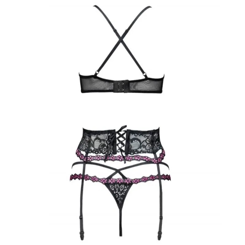 Ensemble lingerie noir dentelle avec soutien-gorge, jarretière, culotte satin, détails argentés, style romantique et sensuel.