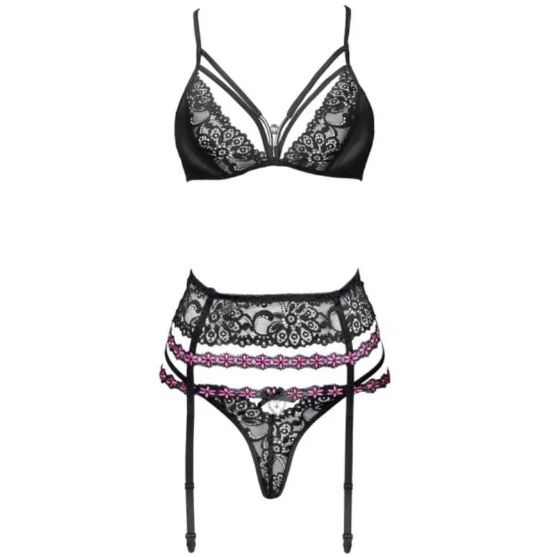 Ensemble lingerie noir dentelle, soutien-gorge, jarretière, culotte satin, bijoux argentés, élégance et sensualité.