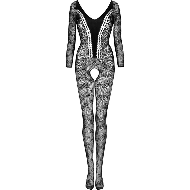 Combinaison noire érotique manches longues, résille transparente, entrejambe ouvert, design sculptant et sensuel.