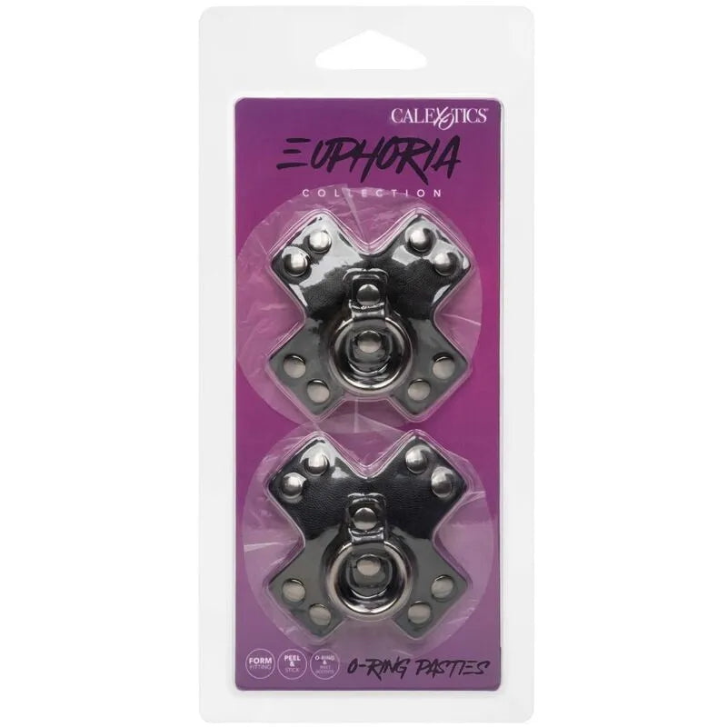 Cache-tétons métalliques design sophistiqué Euphoria, forme croix, rivets et joint torique, emballage violet.