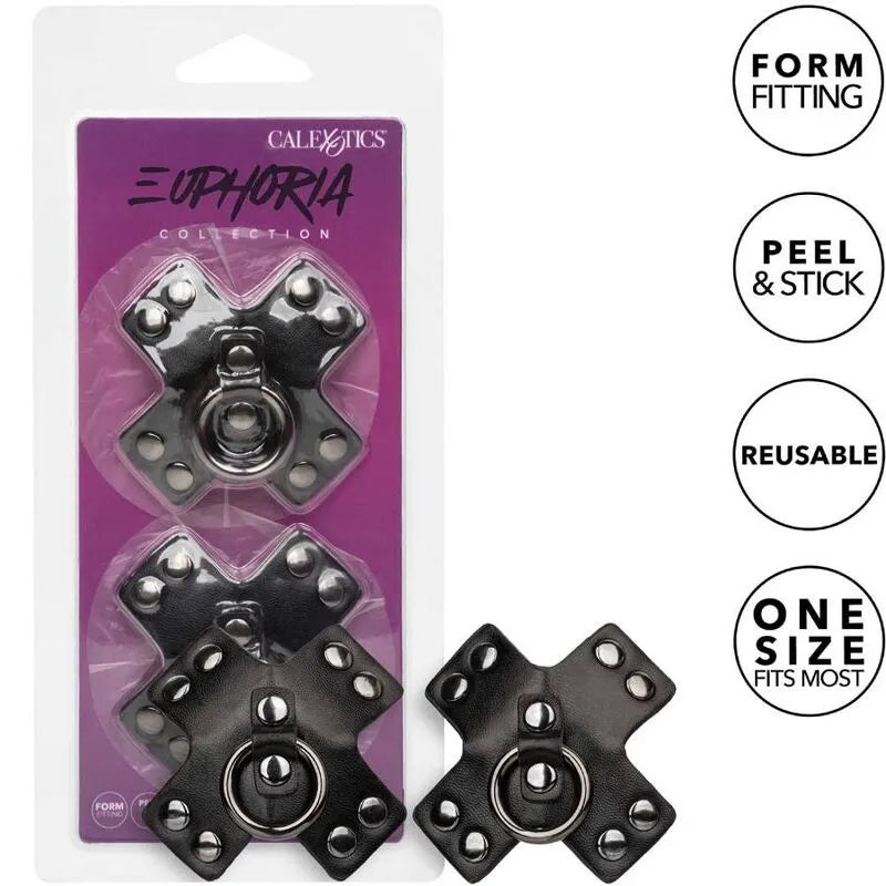 Cache-tétons noirs réutilisables avec rivets métalliques, design sophistiqué, joint torique, collection Euphoria.