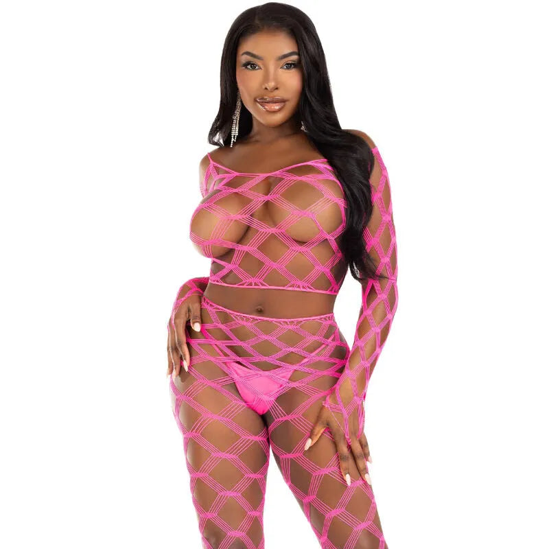 ensemble lingerie deux pièces haut court résille bas sans pieds fuchsia maille élastique extensible séduisant audacieux