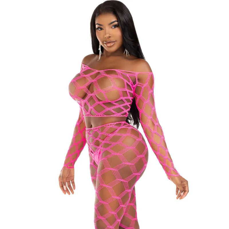Ensemble lingerie fuchsia résille deux pièces, crop top et bas sans pieds, maille élastique, style audacieux et séduisant.
