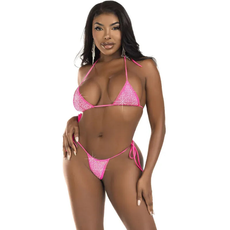Bikini deux pièces noir bleu fuchsia avec strass, string à nœuds latéraux, taille unique, élégant et confortable.
