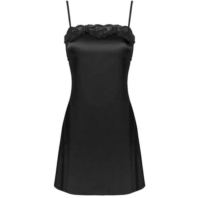 Ensemble lingerie satin noir brillant dentelle, nuisette mi-cuisse, bretelles réglables, élégant et sensuel.