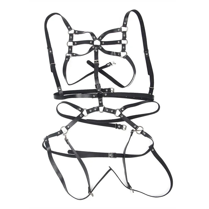 Harnais corps cuir noir avec chaînes, lingerie sexy femme, ajustable, élégant, audacieux, haute qualité, séduction.