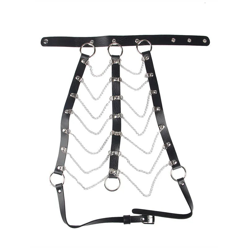 harnais poitrine cuir noir chaînes raffinées sensualité audace élégance séduisante réglable taille unique confort qualité luxe glamour sophistiqué