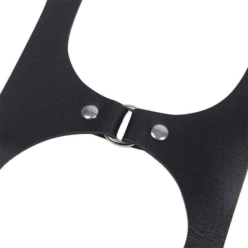 Harnais cuir noir Subblime, boucles raffinées, ajustable, luxe et élégance, détail central avec anneau métallique.