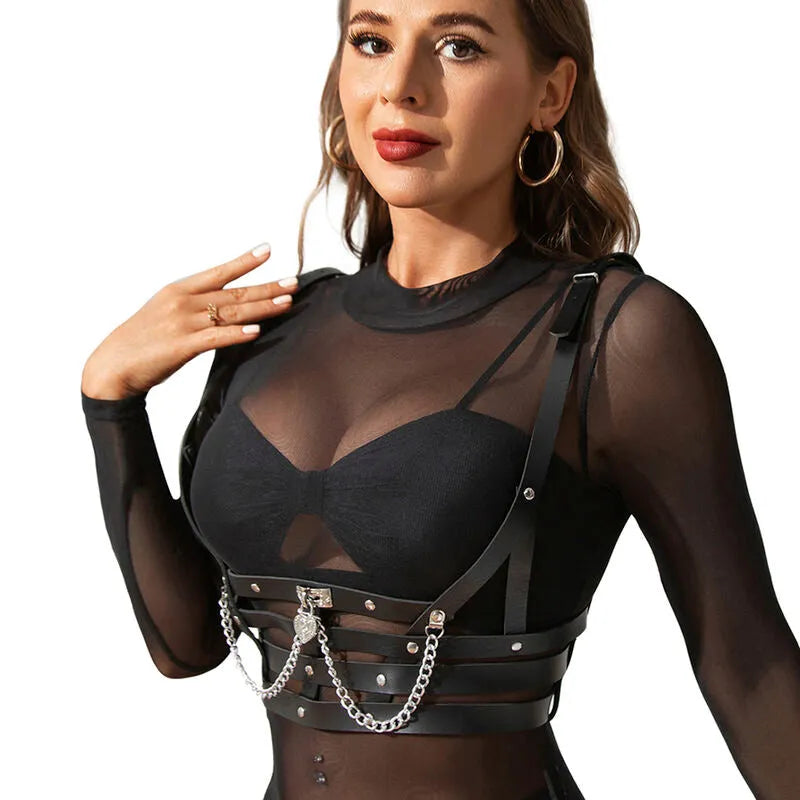 lingerie harnais corset cuir noir chaînes sexy confortable haute qualité taille unique ajustable séduisante audacieuse élégante sophistiquée durable cadeau boîte