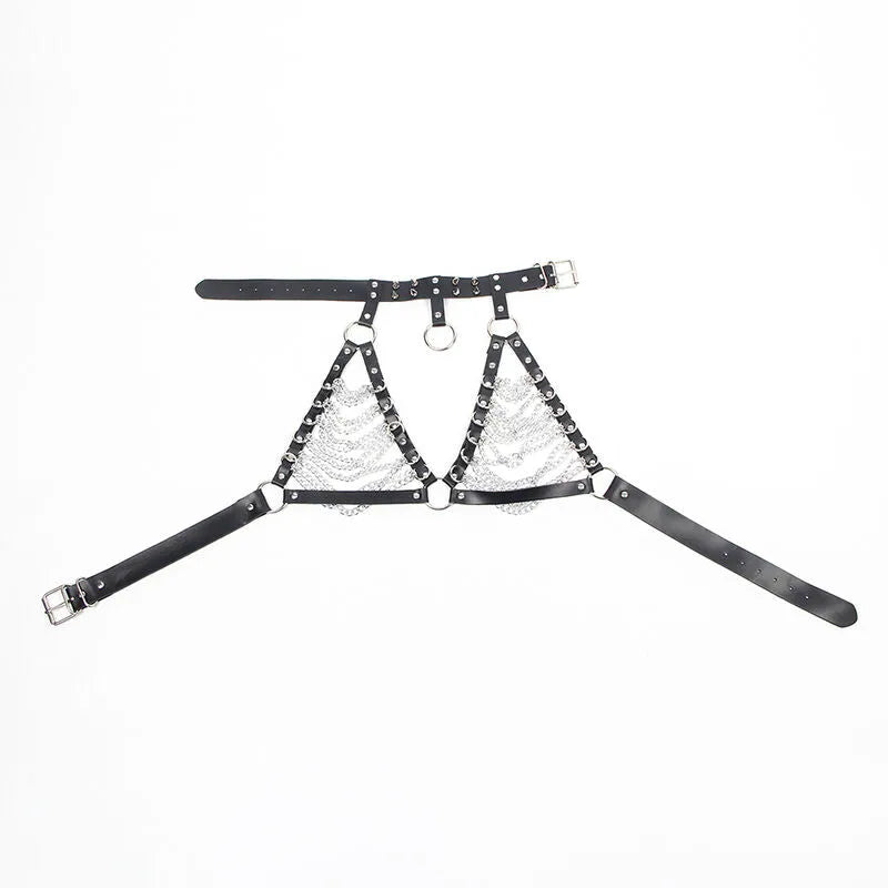 soutien-gorge harnais cuir noir chaîne anneaux confort sexy élégance femme