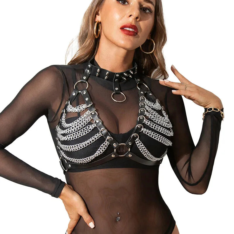soutien-gorge harnais cuir noir chaîne anneaux confort sexy élégance femme