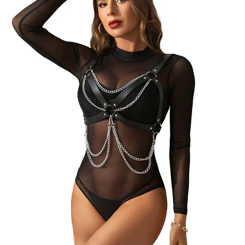 harnais lingerie cuir noir chaînes laiton étoiles soutiengorge ajustable tailleunique confort sensualité élégance séduction soirée intime sophistiqué cadeau raffiné