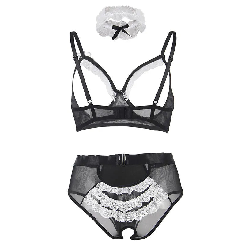 Ensemble lingerie servante noir et blanc grande taille L/XL avec dentelle, collier et culotte, élégant et séduisant.