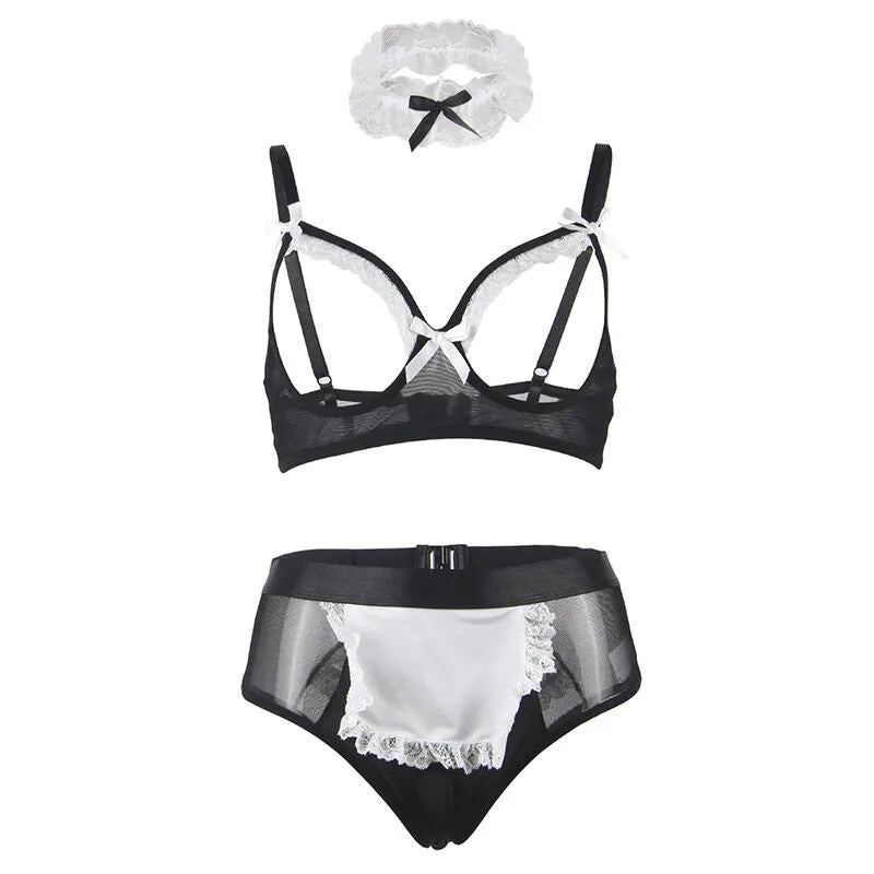 Costume sexy servante grande taille L/XL, lingerie noire et blanche, dentelle, collier, culotte, design audacieux.