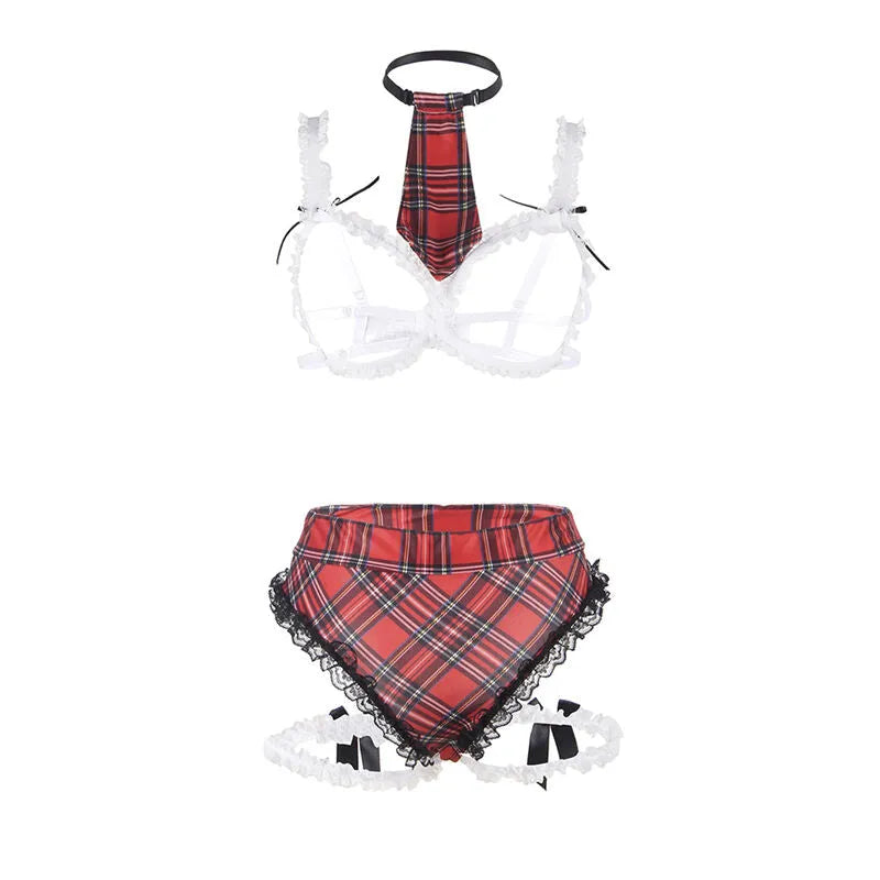 Déguisement écolière sexy grande taille rouge à carreaux, soutien-gorge, culotte, jarretière, matière douce et extensible.