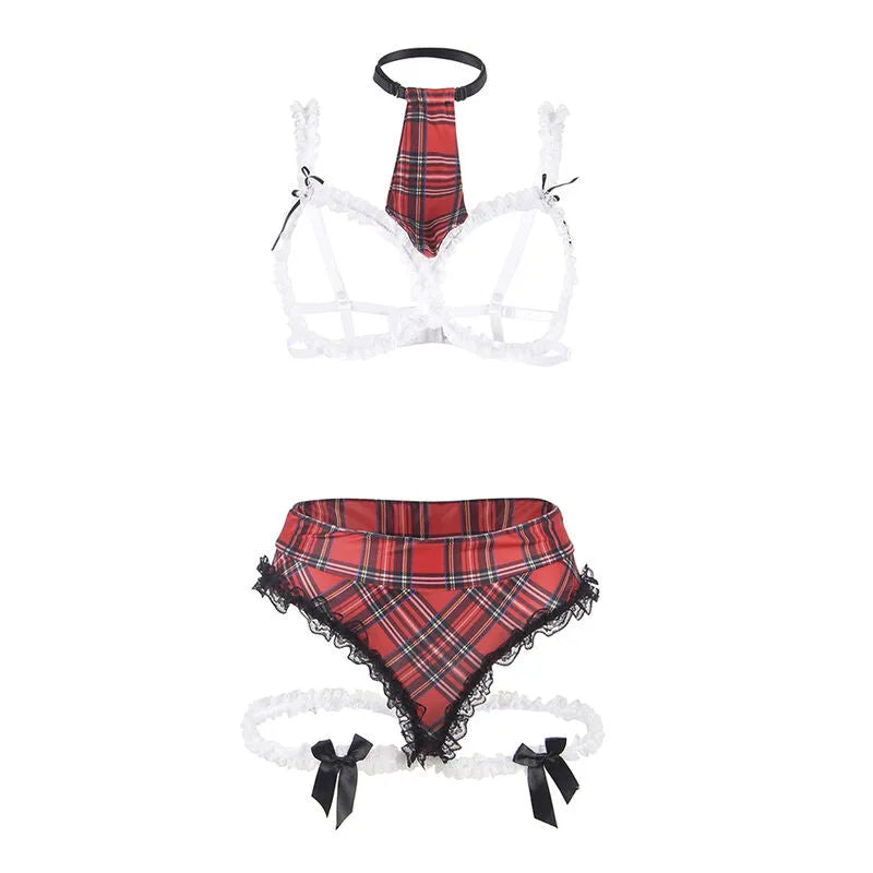 Déguisement écolière sexy grande taille, motif écossais rouge, soutien-gorge et culotte avec jarretières, dentelle blanche.