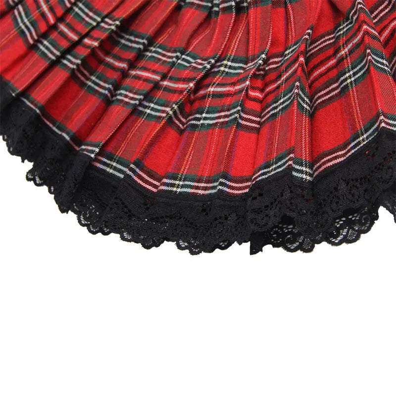 Jupe plissée rouge à carreaux avec dentelle noire, costume écolière sexy grande taille en polyester, séduisant et élégant.