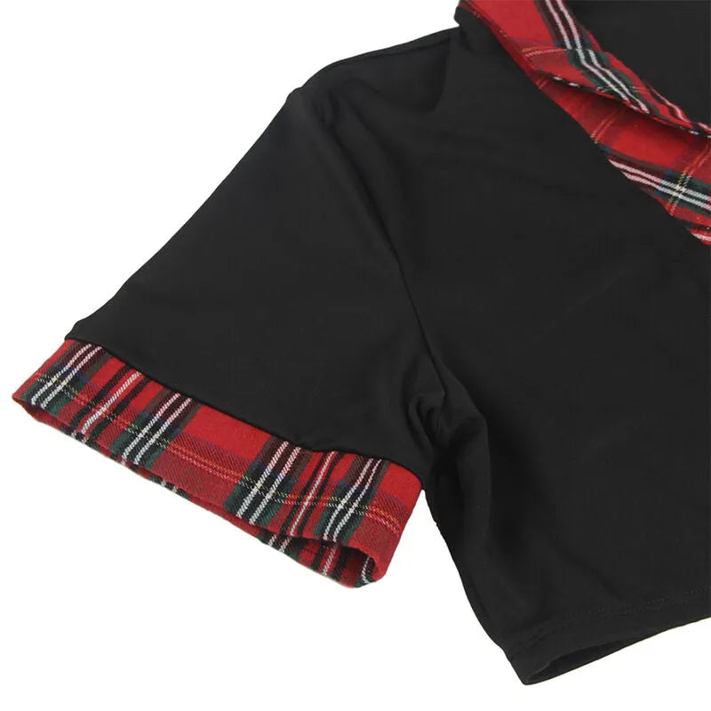 Haut noir avec manches courtes et détails écossais rouges, costume écolière sexy grande taille, polyester extensible.