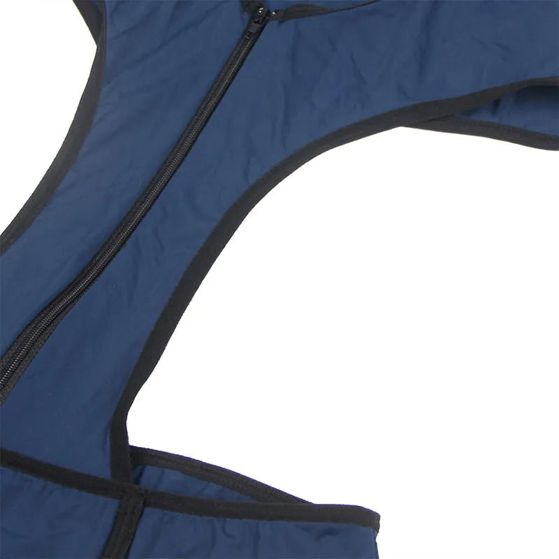 Costume policier sexy femme bleu moulant, zip frontal, détails noirs, polyester élasthanne, taille S/M, soirée déguisée.