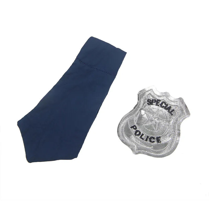 Costume policier sexy femme bleu, moulant, badge officiel, polyester élasthanne, taille S/M, soirée déguisée élégante.