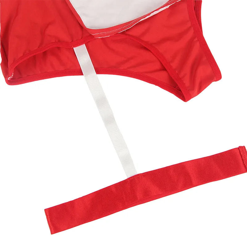 Costume infirmière sexy rouge et blanc en polyester élastique, détails raffinés, lingerie moulante et séduisante.