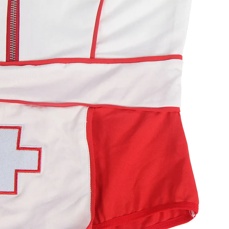 Costume infirmière sexy rouge et blanc Subblime, détails croix rouge, matière moulante polyester élasthanne, élégant.