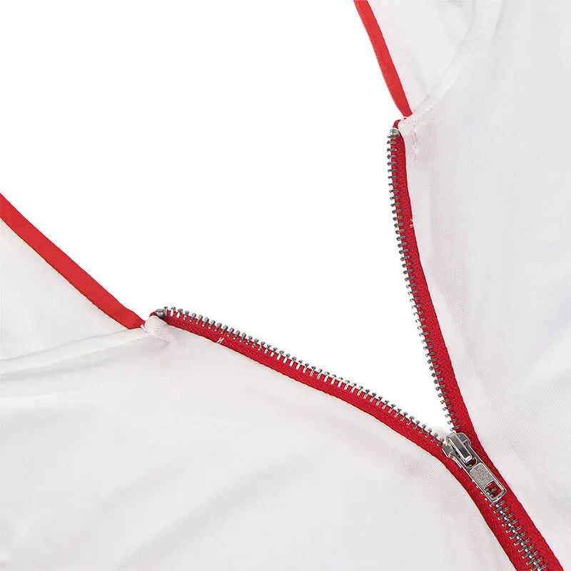 Robe infirmière sexy rouge blanc, zip avant, détails rouges, coupe ajustée, polyester élasthanne, Subblime.