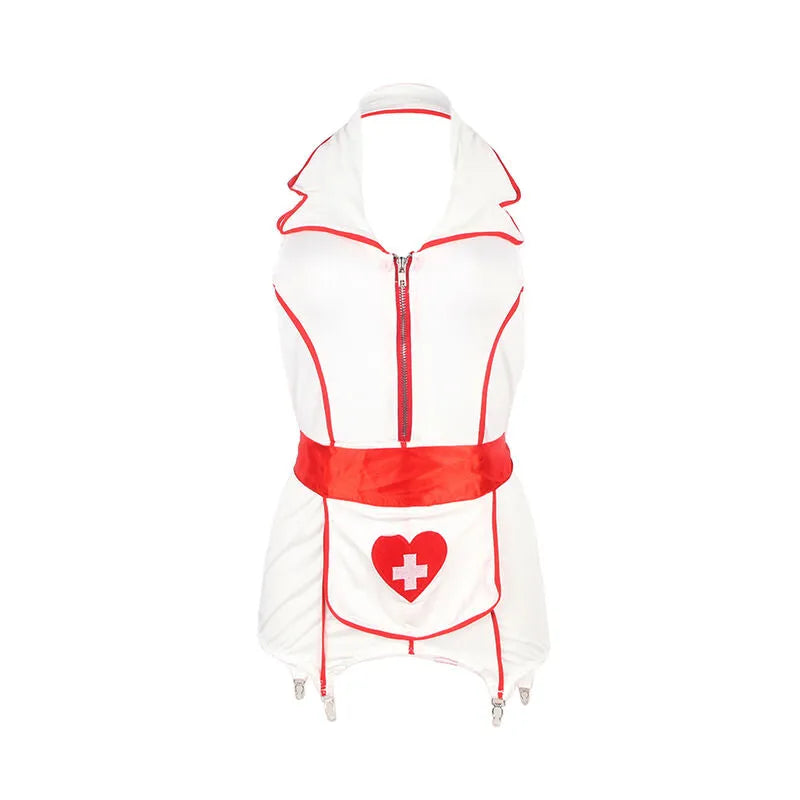 Déguisement infirmière sexy rouge blanc, coupe ajustée, polyester élasthanne, Subblime, tailles S/M, soirée costumée.