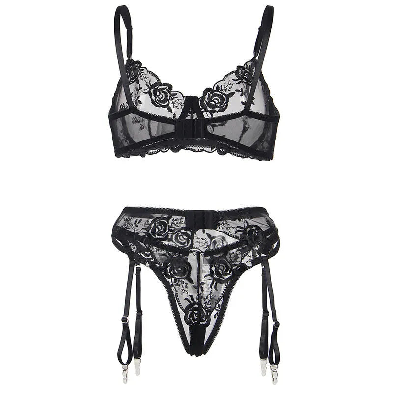 Ensemble lingerie noir floral trois pièces avec soutien-gorge, tanga et jarretières, en microfibre douce et extensible.