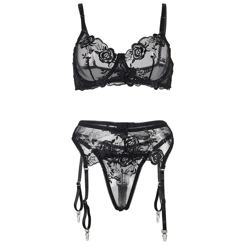 Ensemble lingerie noir 3 pièces, dentelle florale, grande taille, soutien-gorge, culotte et porte-jarretelles.