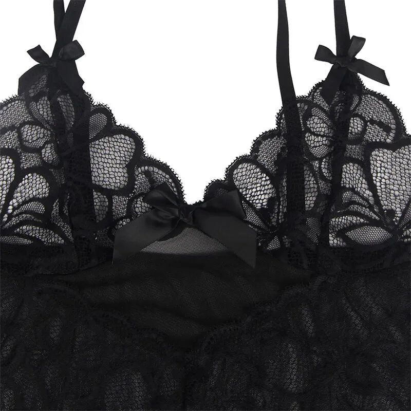 lingerie femme grande taille dentelle transparente noire élégante sexy babydoll polyester élasthanne extensible confort maintien détail nœud sophistiquée séduction soirée