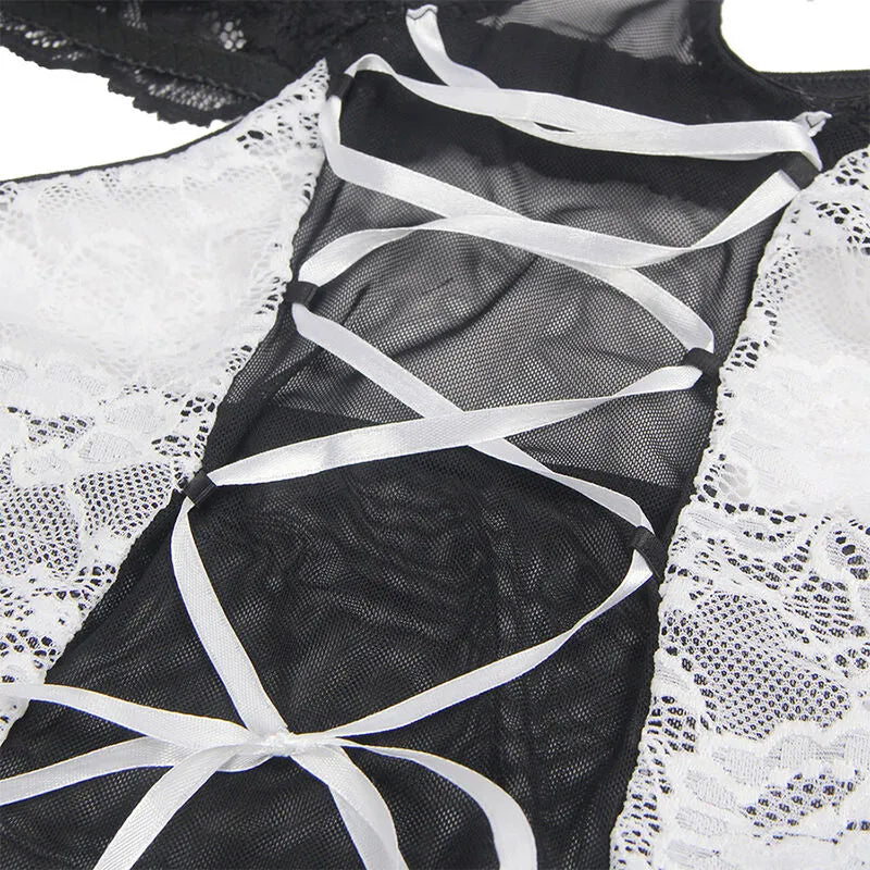 Lingerie sensuelle servante Subblime noir blanc confortable extensible satinée corset ouverture poitrine silhouette galbante tailles variées élégante