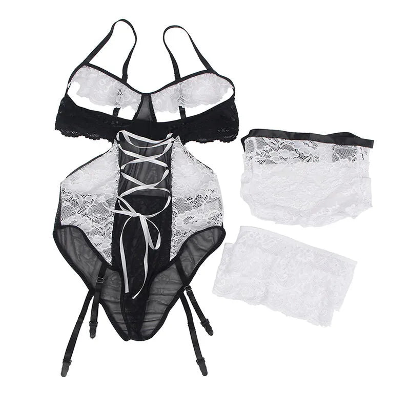 Lingerie sensuelle servante Subblime noir blanc confortable extensible satinée corset ouverture poitrine silhouette galbante tailles variées élégante