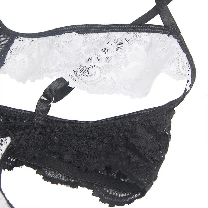 Lingerie sensuelle servante Subblime noir blanc confortable extensible satinée corset ouverture poitrine silhouette galbante tailles variées élégante