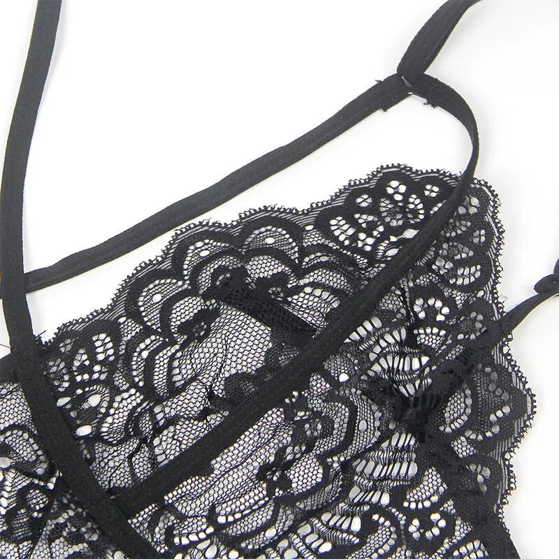 lingerie sexy déguisement policier féminine dentelle noire combinaison bretelles chapeau jarretière ajustée élasthanne polyester moulante sensuelle