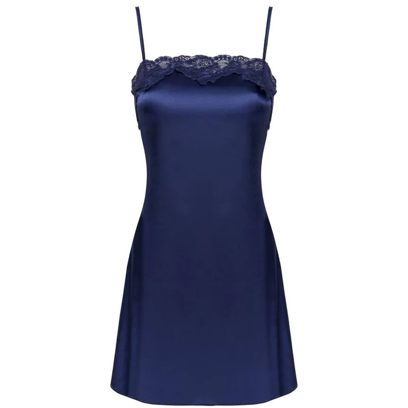 Ensemble lingerie satin bleu marine dentelle, peignoir mi-cuisse, tee-shirt bretelles réglables, string assorti.